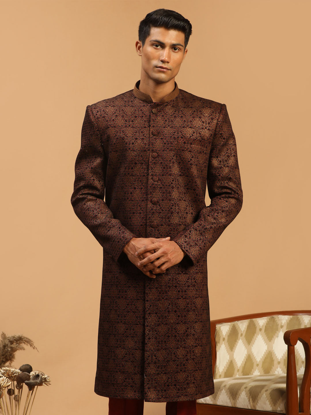 Men's Maroon Silk Blend Straight Sherwani Only Top