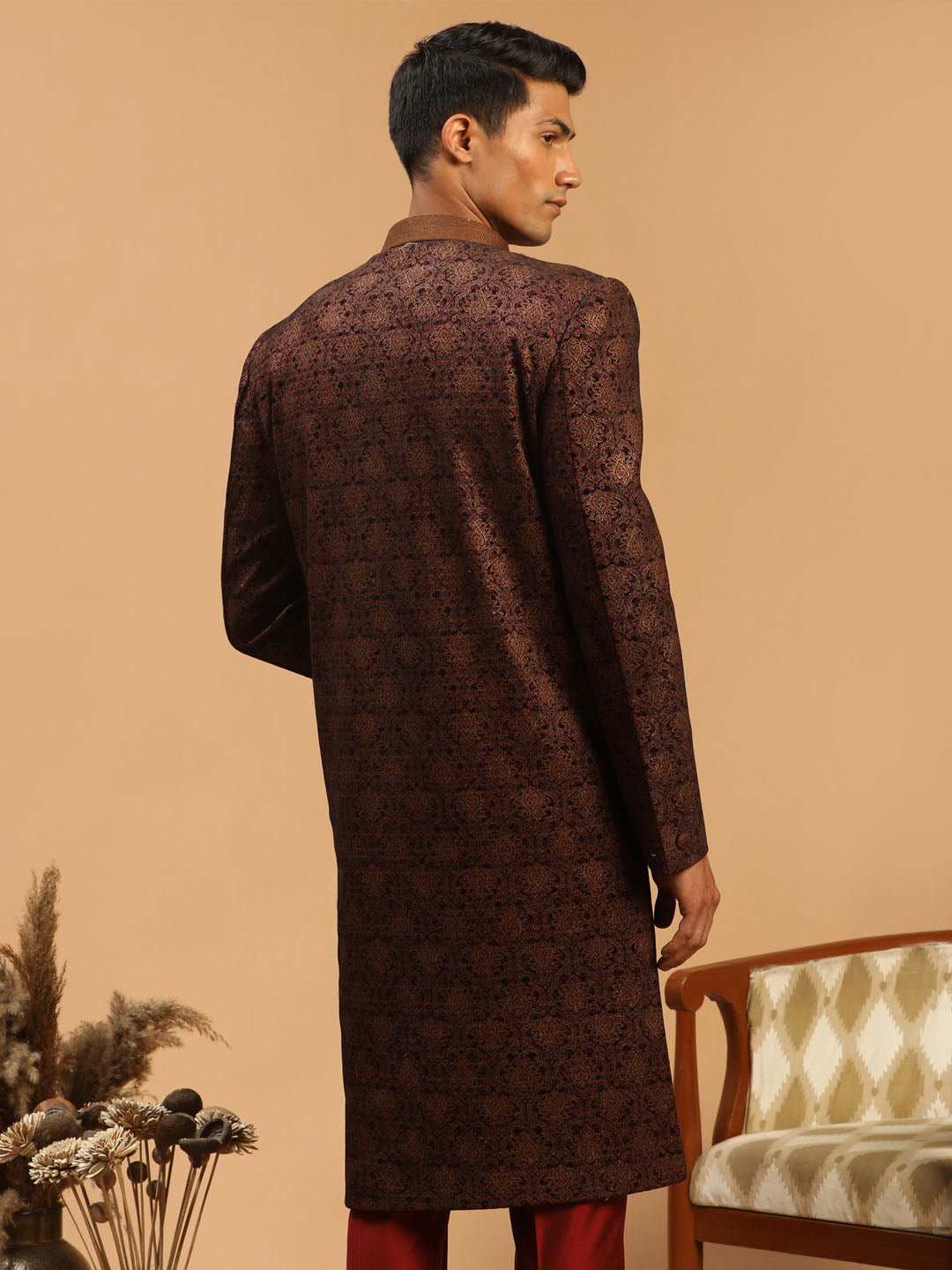 Men's Maroon Silk Blend Straight Sherwani Only Top
