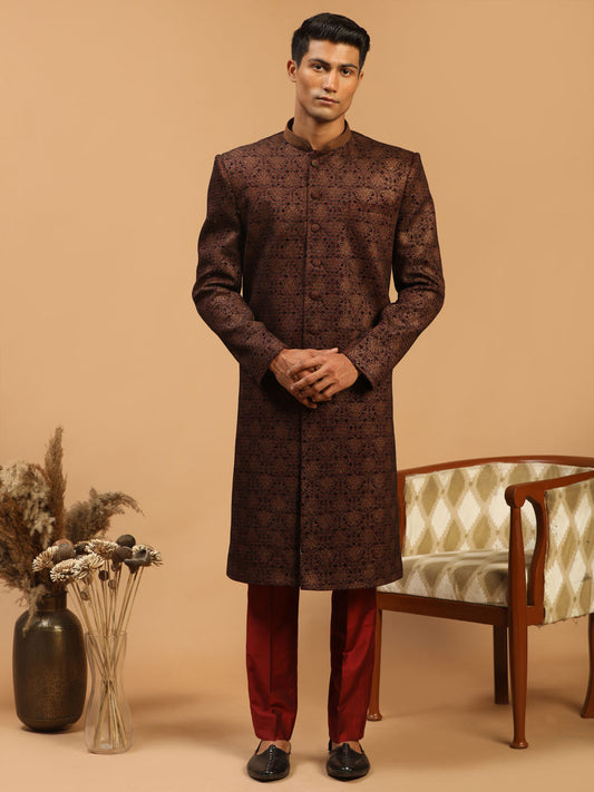 Men's Maroon Silk Blend Straight Sherwani Set