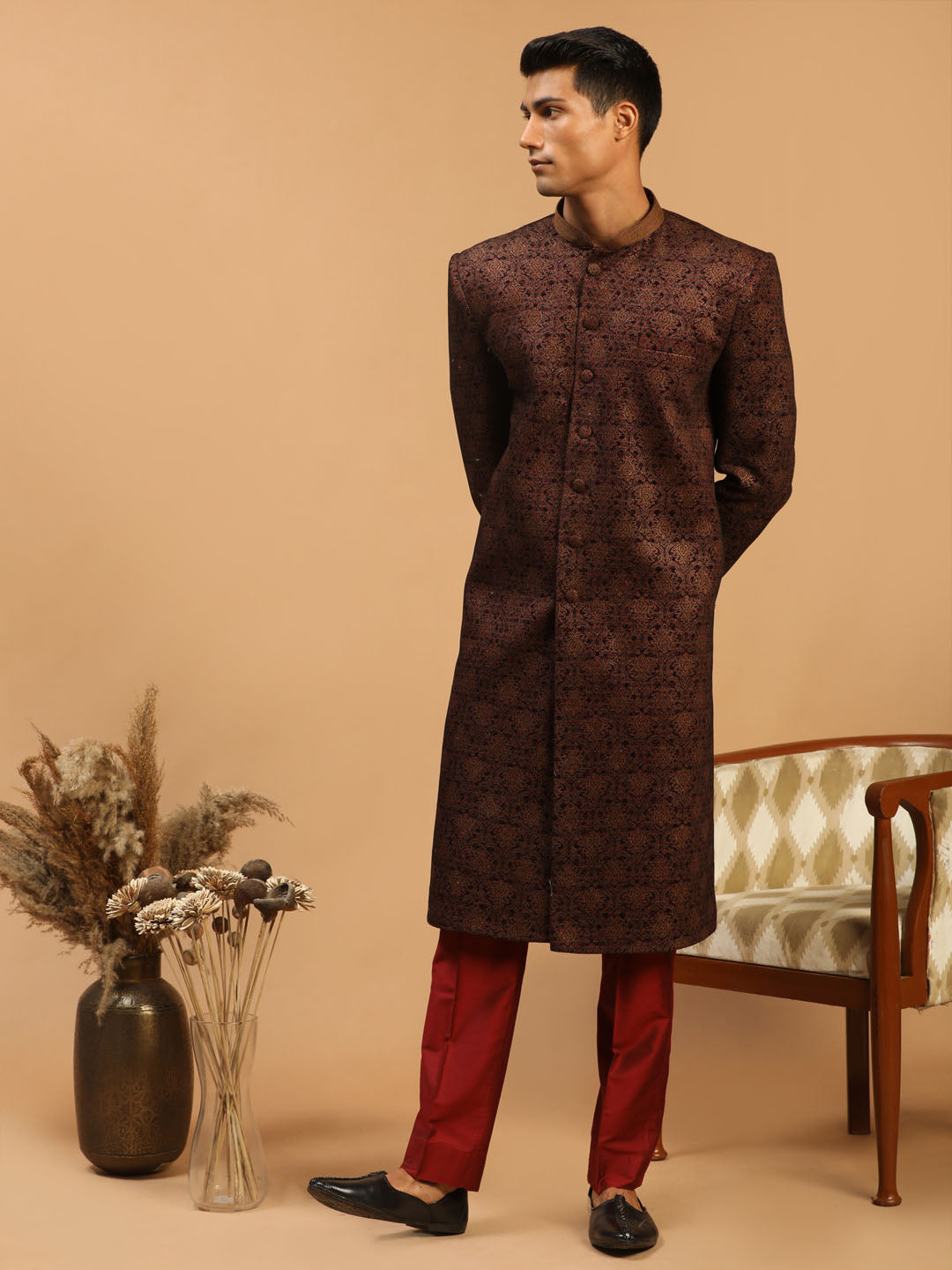 Men's Maroon Silk Blend Straight Sherwani Set