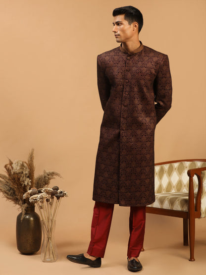 Men's Maroon Silk Blend Straight Sherwani Set