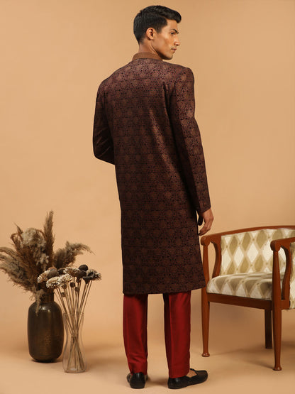 Men's Maroon Silk Blend Straight Sherwani Set