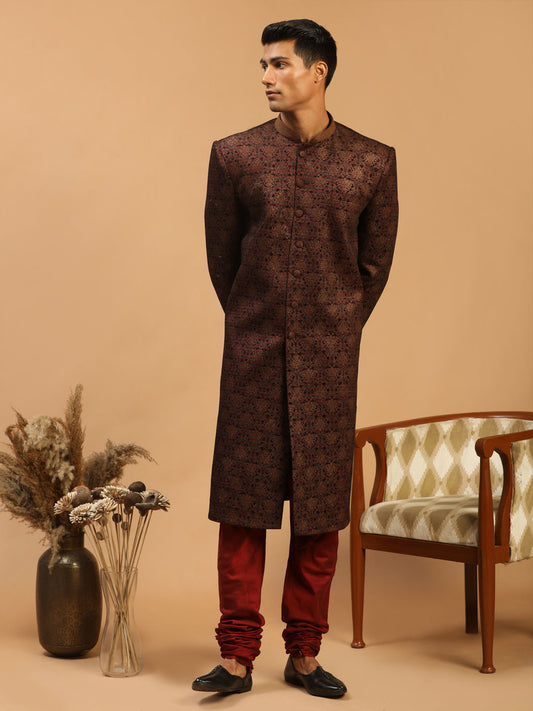 Men's Maroon Silk Blend Straight Sherwani Set