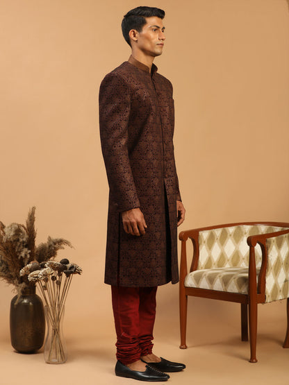 Men's Maroon Silk Blend Straight Sherwani Set