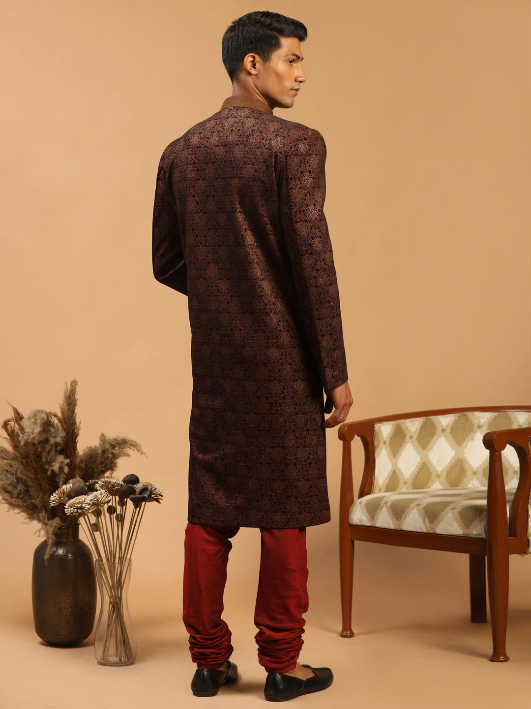 Men's Maroon Silk Blend Straight Sherwani Set