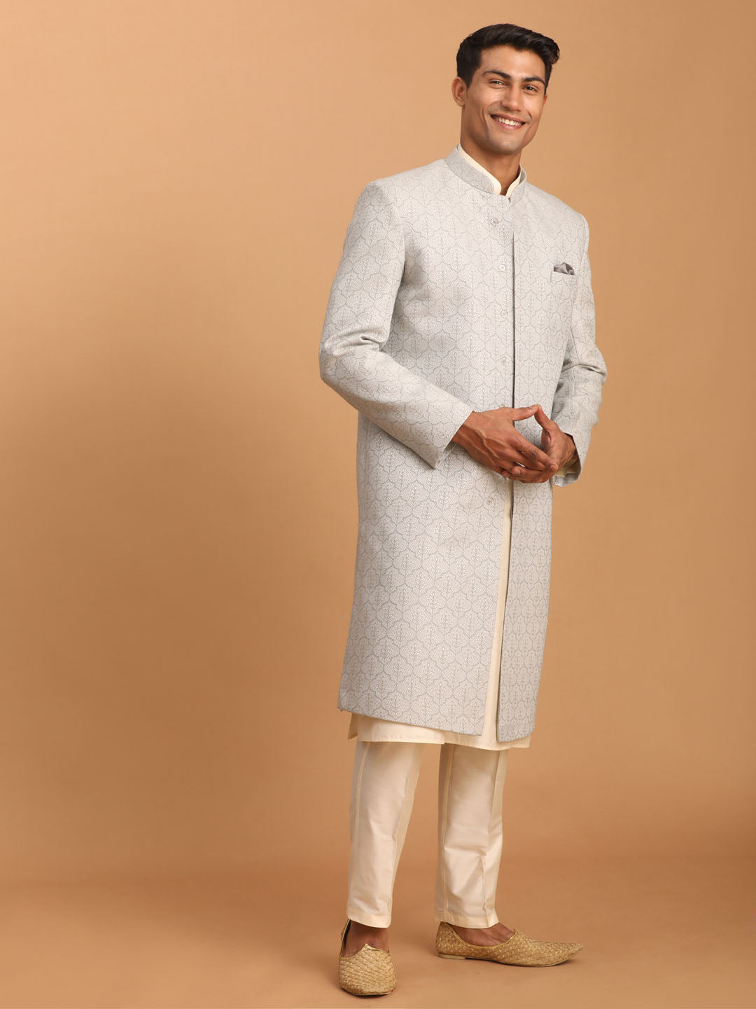 Men's Cream Cotton Blend Straight Sherwani Set