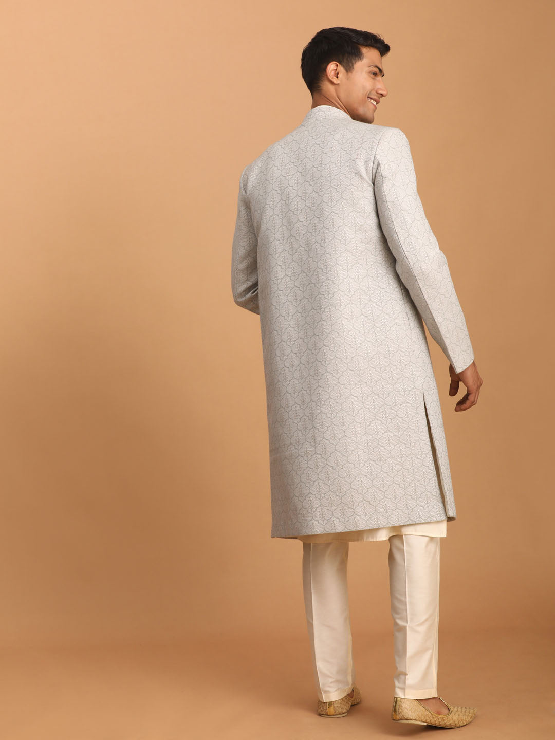 Men's Cream Cotton Blend Straight Sherwani Set