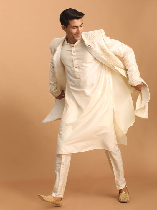 Men's Cream Cotton Blend Straight Sherwani Set
