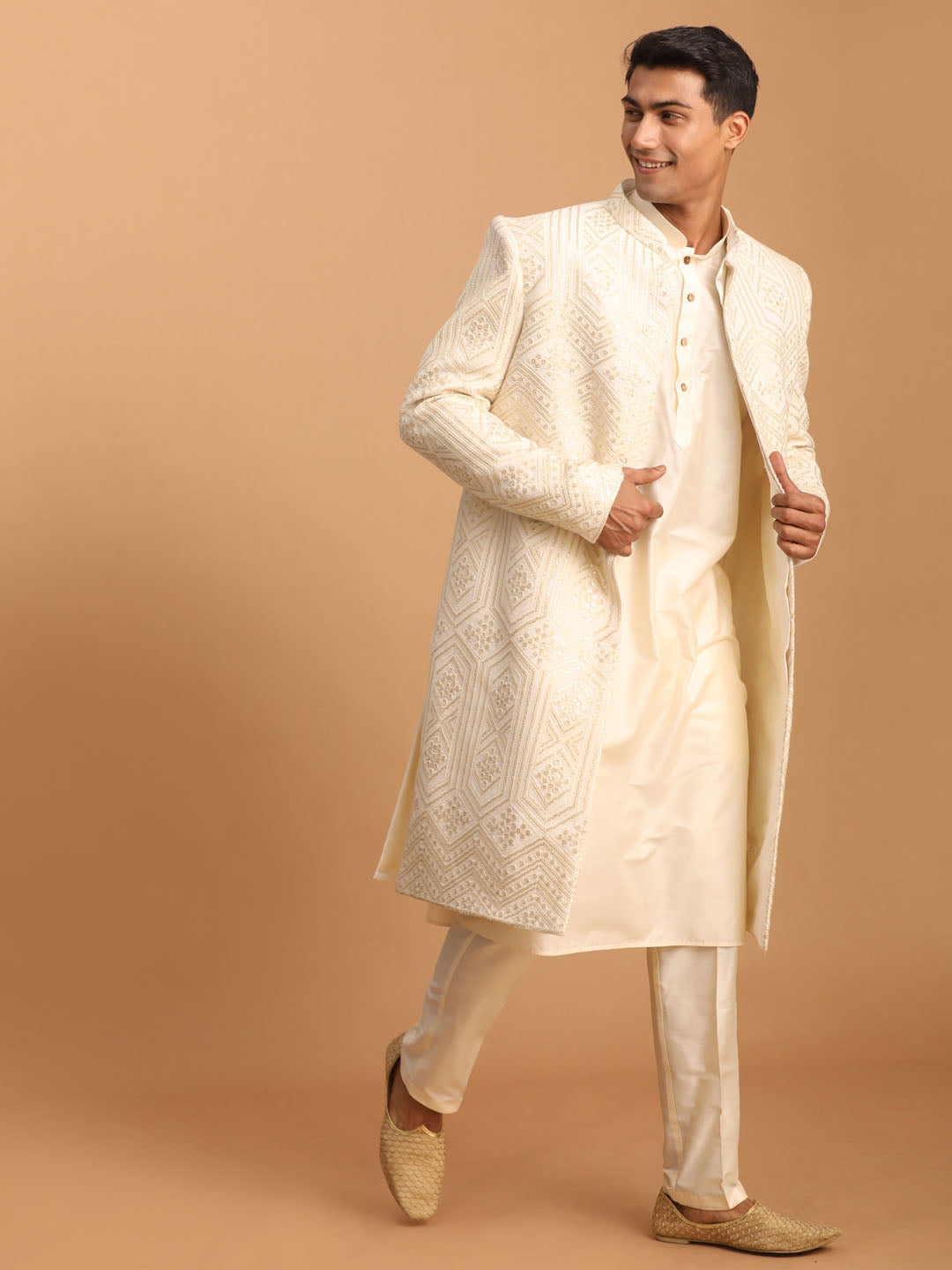 Men's Cream Cotton Blend Straight Sherwani Set
