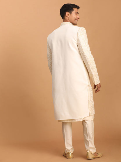 Men's Cream Cotton Blend Straight Sherwani Set