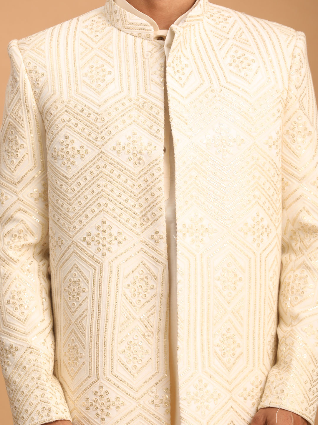 Men's Cream Cotton Blend Straight Sherwani Set