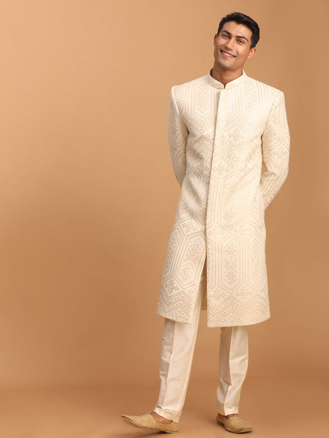 Men's Cream Cotton Blend Straight Sherwani Set