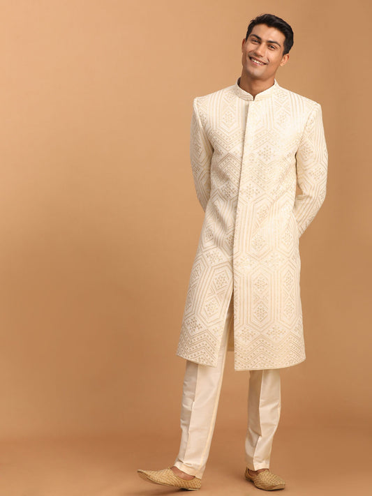 Men's Cream Cotton Blend Straight Sherwani Set