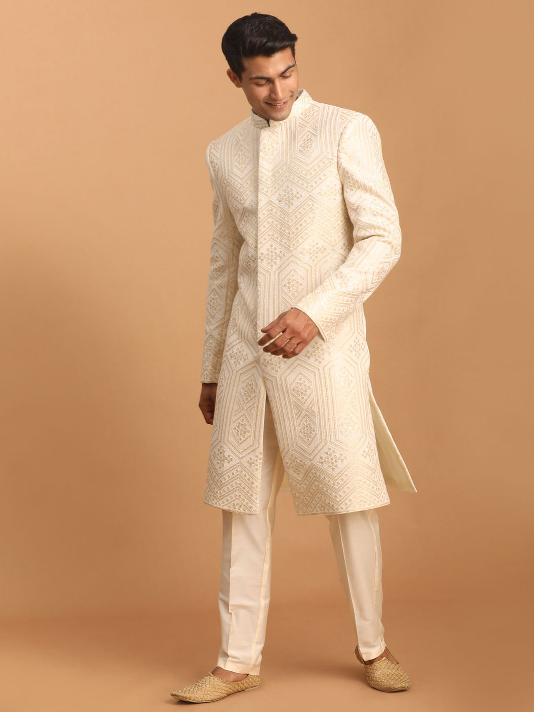 Men's Cream Cotton Blend Straight Sherwani Set