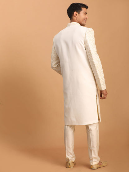 Men's Cream Cotton Blend Straight Sherwani Set
