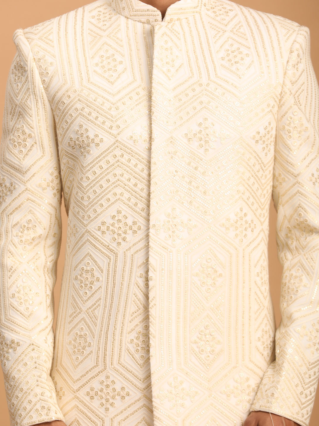 Men's Cream Cotton Blend Straight Sherwani Set