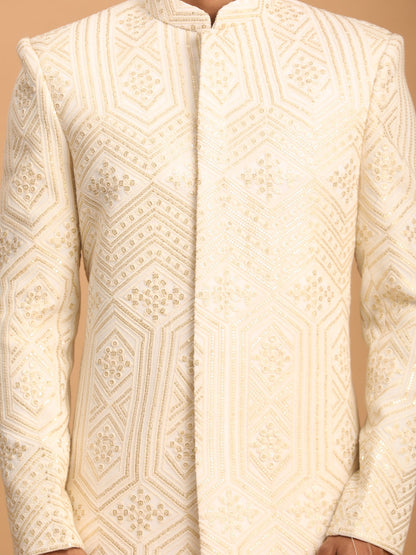 Men's Cream Cotton Blend Straight Sherwani Set
