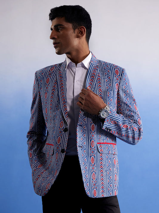 Men's Indigo Blue Cotton Straight Blazer