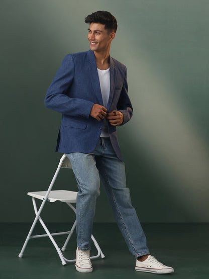 Men's Blue Cotton Straight Blazer