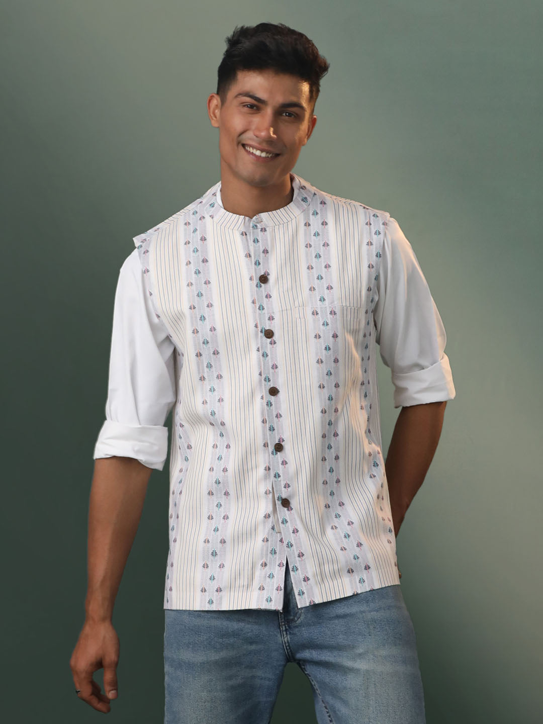Men's Multicolor Base White Cotton Straight Nehru Jacket