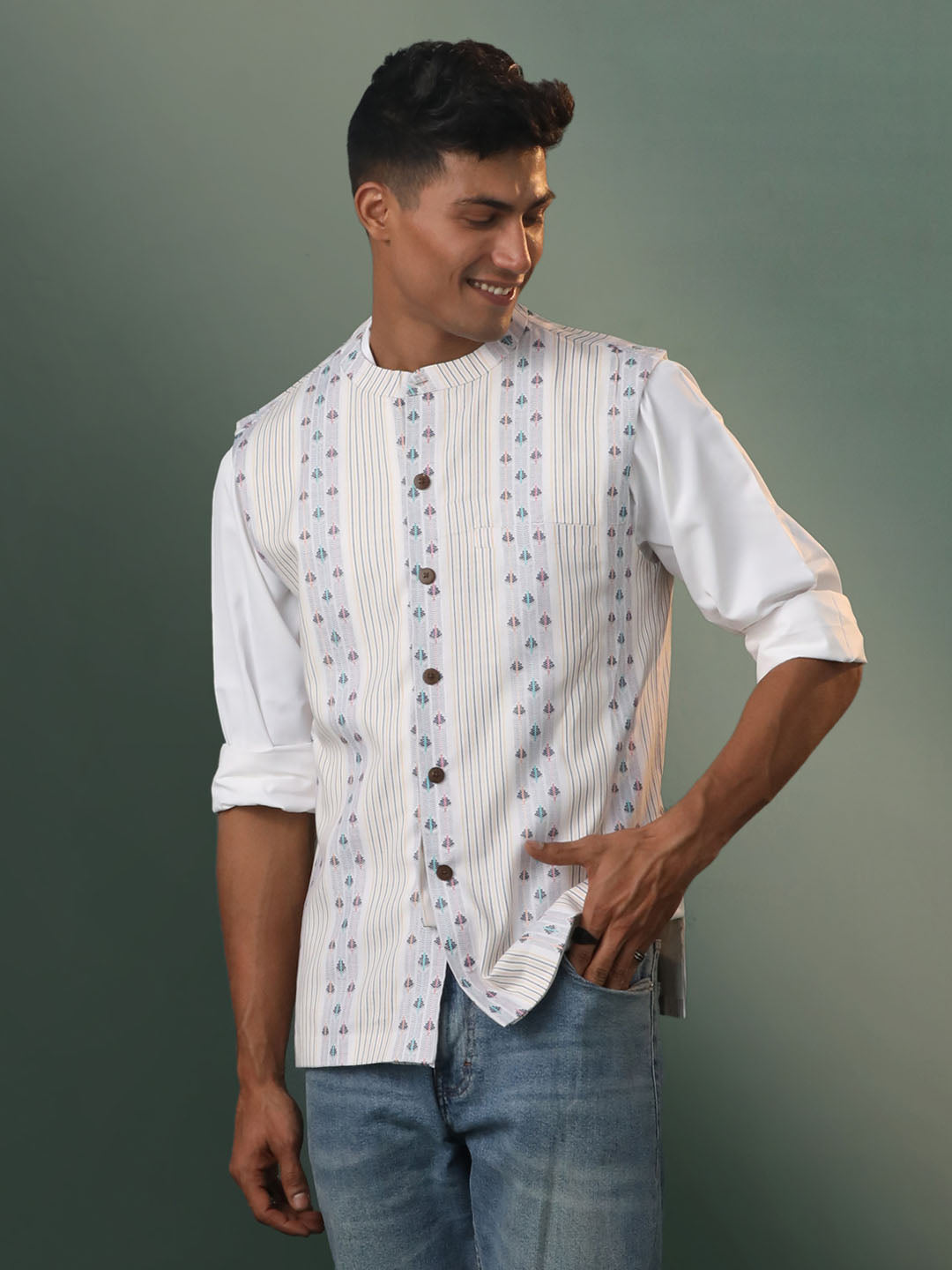 Men's Multicolor Base White Cotton Straight Nehru Jacket
