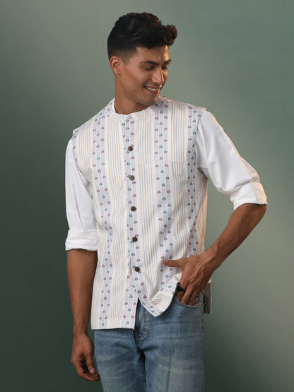 Men's Multicolor Base White Cotton Straight Nehru Jacket