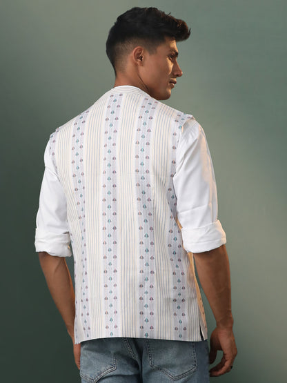 Men's Multicolor Base White Cotton Straight Nehru Jacket