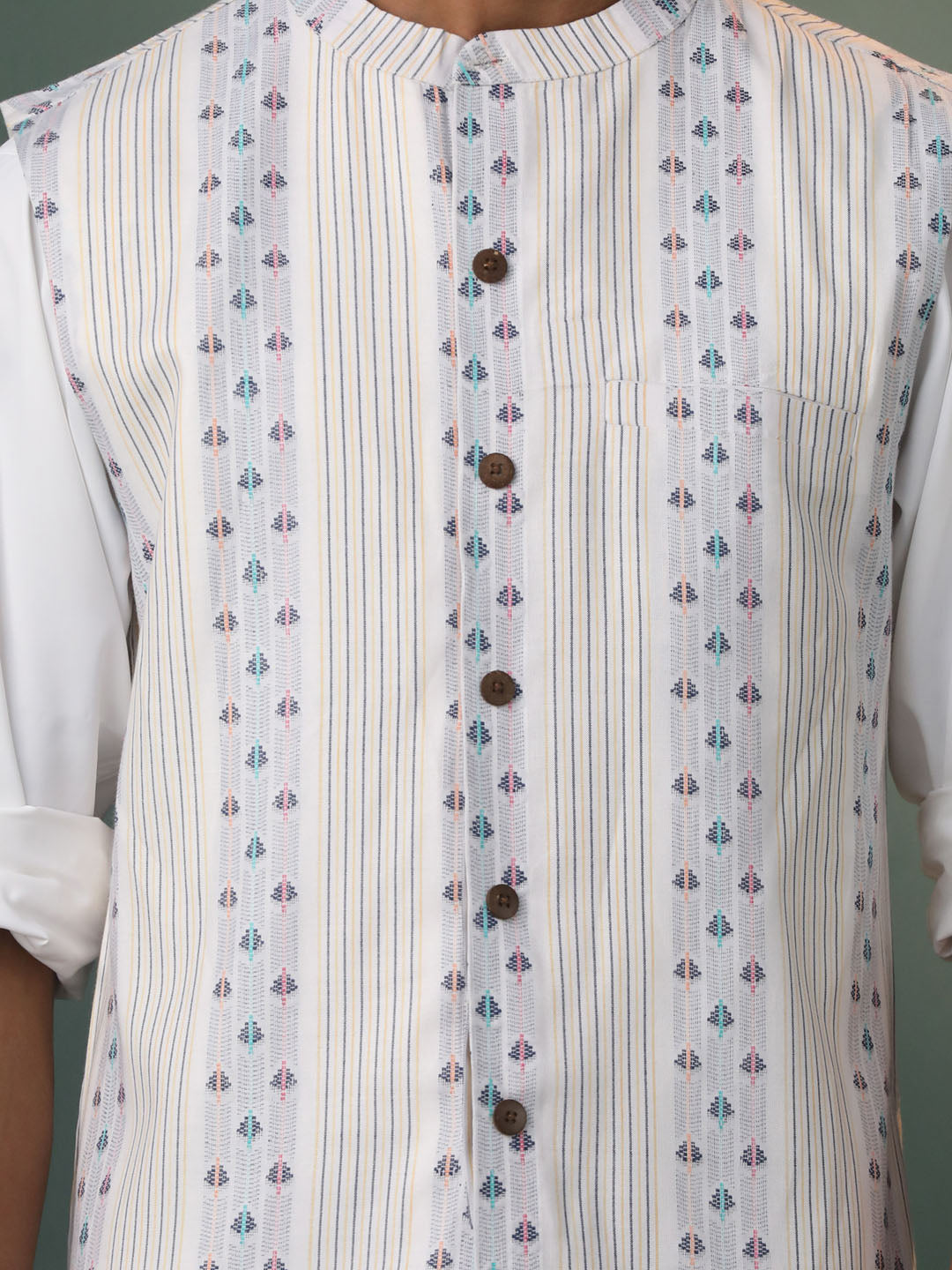 Men's Multicolor Base White Cotton Straight Nehru Jacket