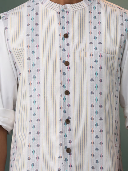 Men's Multicolor Base White Cotton Straight Nehru Jacket