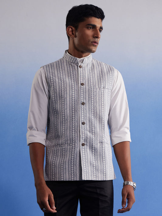 Men's Gray Cotton Straight Nehru Jacket