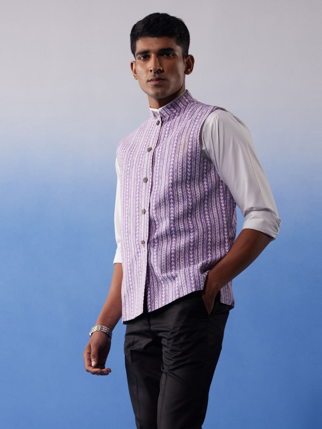 Men's Purple Cotton Straight Nehru Jacket