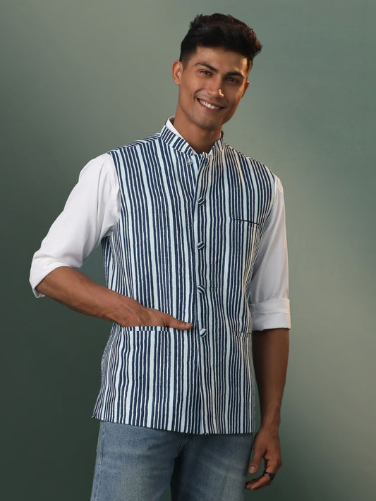 Men's Indigo Blue Cotton Straight Nehru Jacket