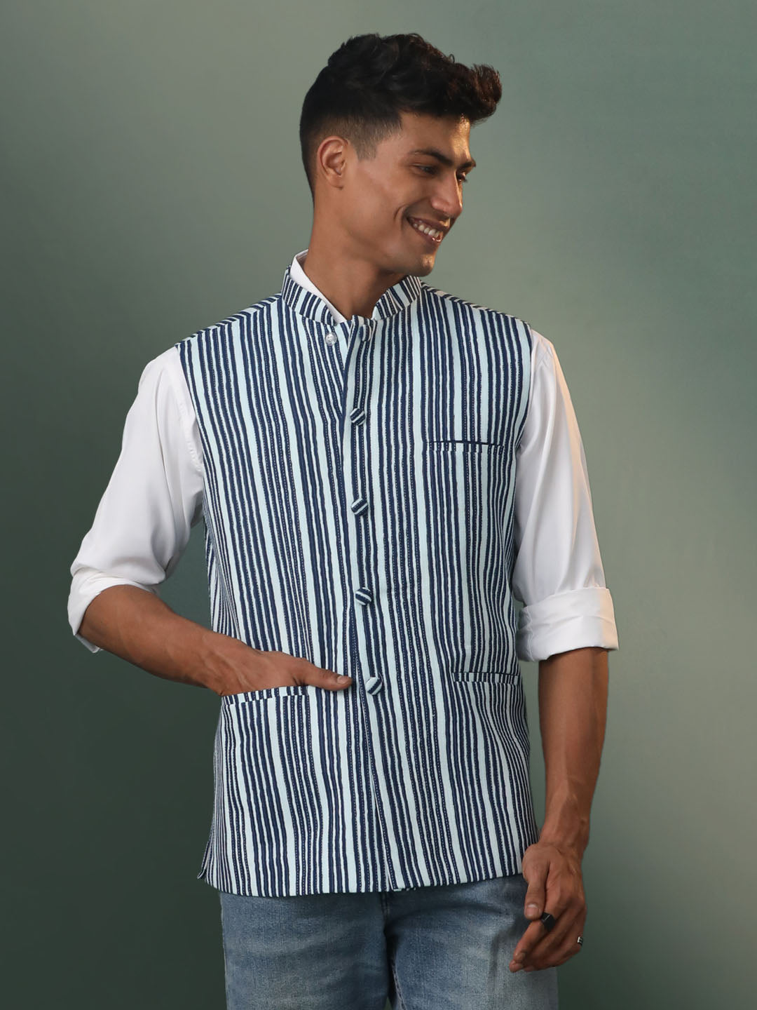 Men's Indigo Blue Cotton Straight Nehru Jacket