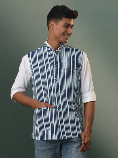 Men's Indigo Blue Cotton Straight Nehru Jacket