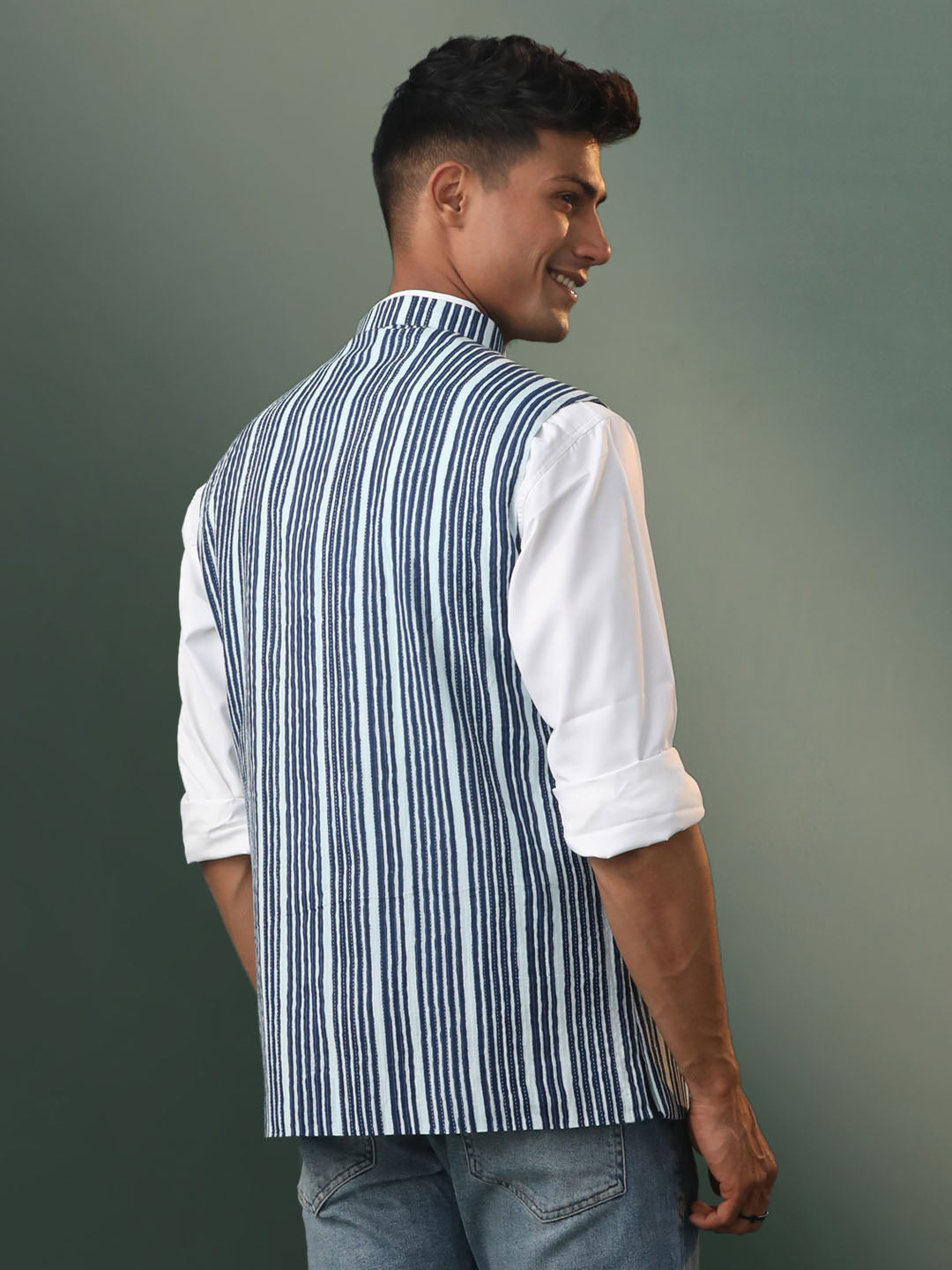 Men's Indigo Blue Cotton Straight Nehru Jacket