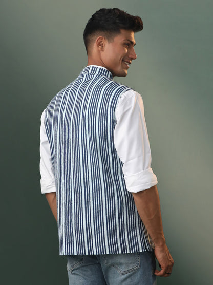 Men's Indigo Blue Cotton Straight Nehru Jacket