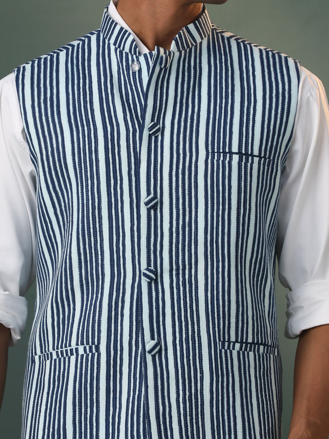 Men's Indigo Blue Cotton Straight Nehru Jacket