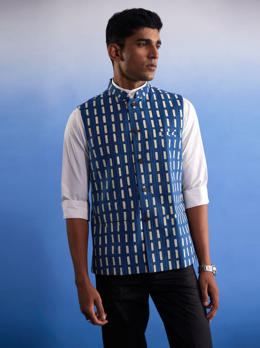 Men's Indigo Blue Cotton Straight Nehru Jacket