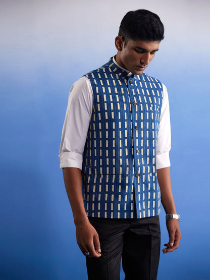 Men's Indigo Blue Cotton Straight Nehru Jacket