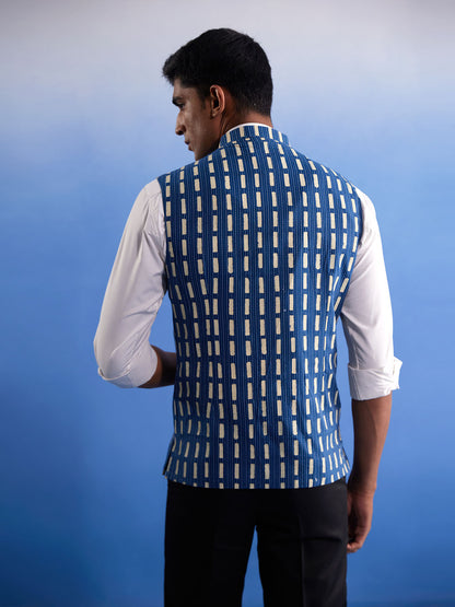 Men's Indigo Blue Cotton Straight Nehru Jacket