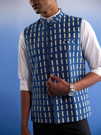 Men's Indigo Blue Cotton Straight Nehru Jacket