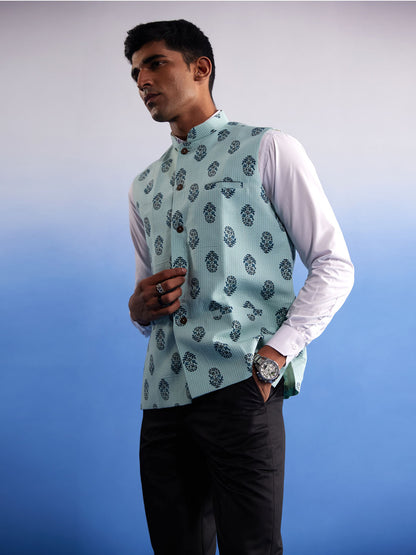 Men's Mehandi Cotton Straight Nehru Jacket