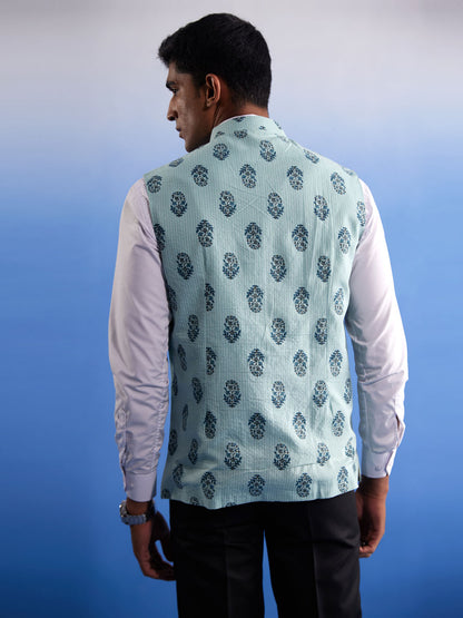 Men's Mehandi Cotton Straight Nehru Jacket