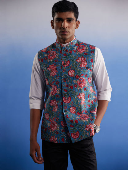 Men's Aqua Cotton Straight Nehru Jacket
