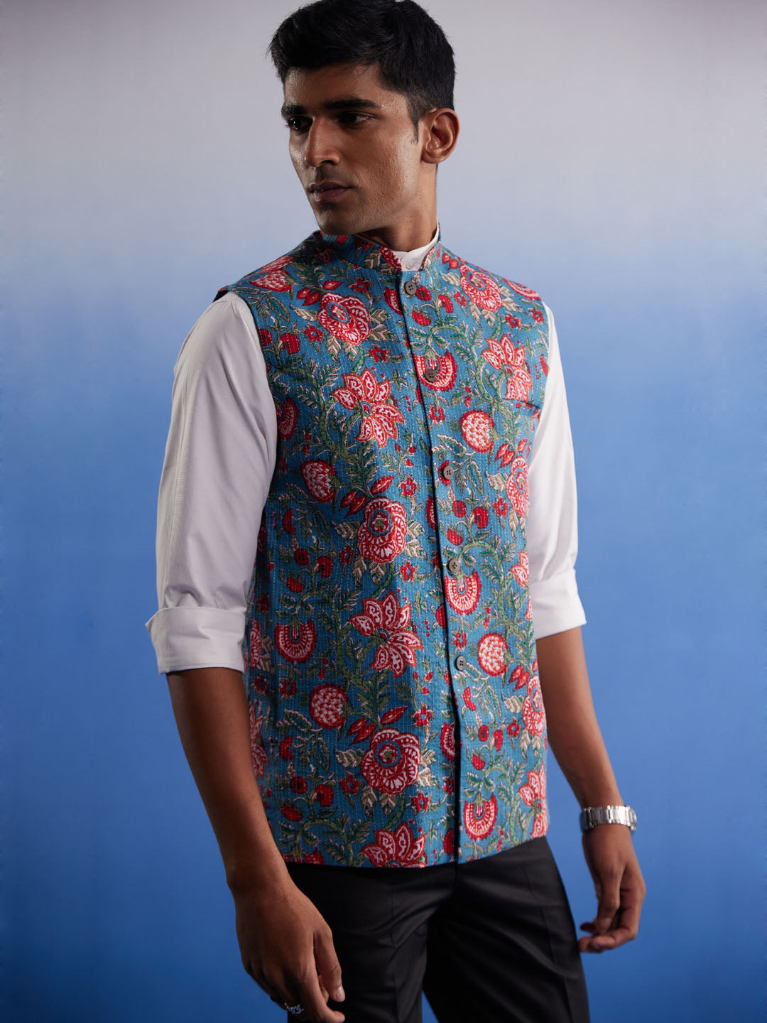 Men's Aqua Cotton Straight Nehru Jacket