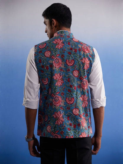 Men's Aqua Cotton Straight Nehru Jacket