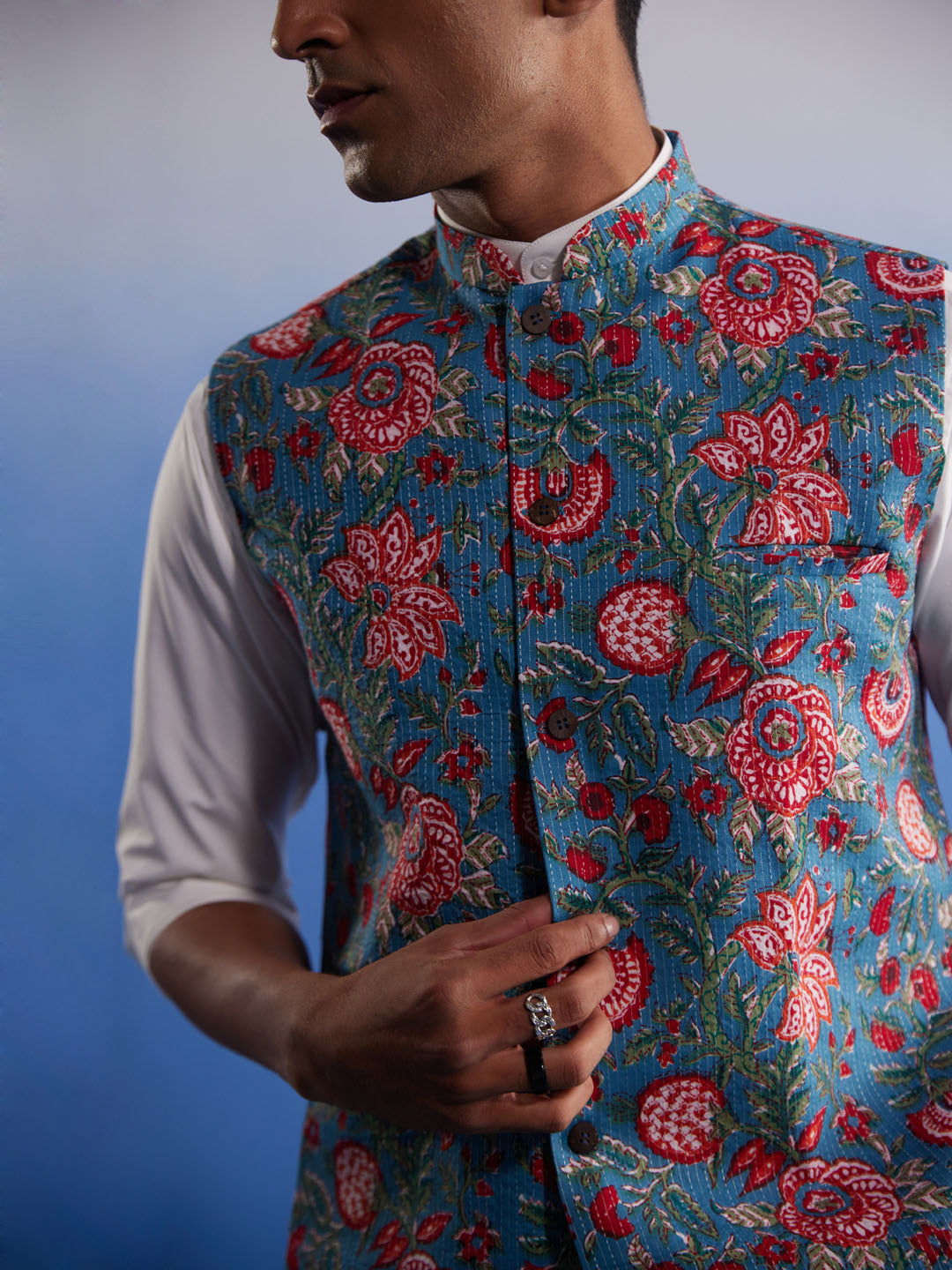Men's Aqua Cotton Straight Nehru Jacket