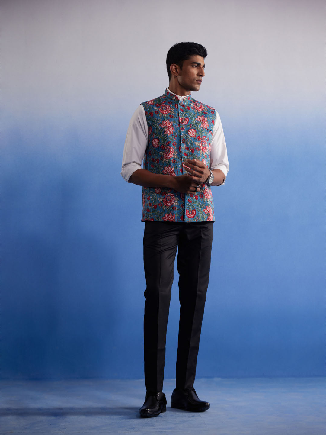 Men's Aqua Cotton Straight Nehru Jacket