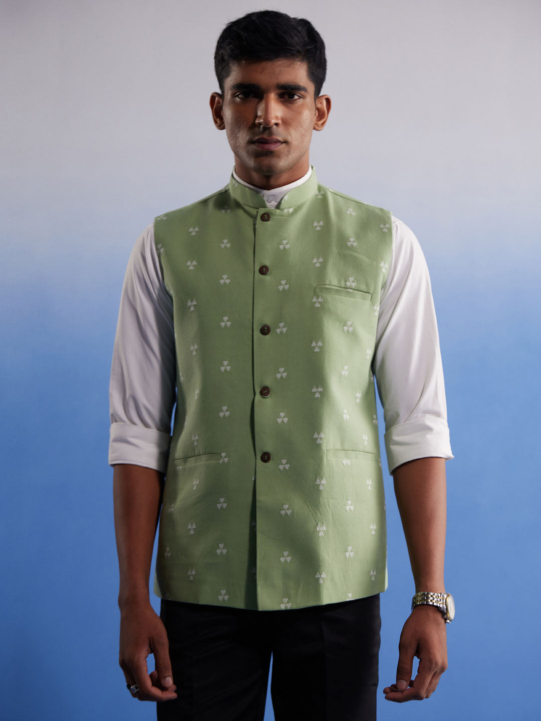 Men's Green Cotton Straight Nehru Jacket