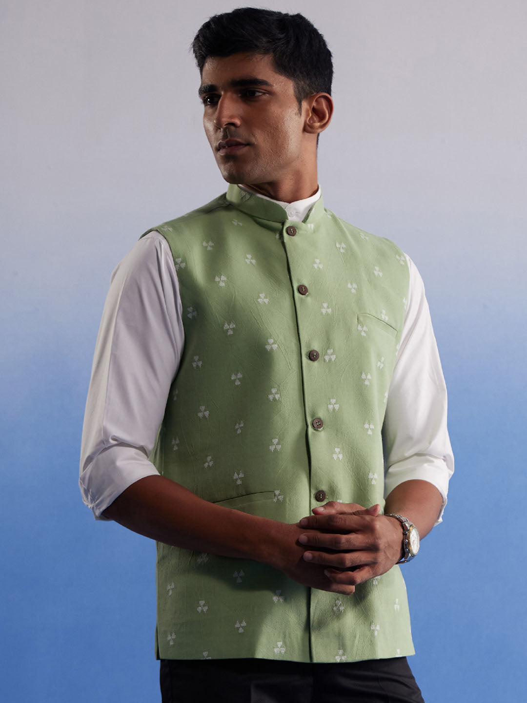 Men's Green Cotton Straight Nehru Jacket